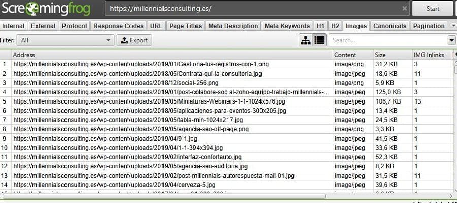 Rastreo de imágenes Screaming Frog